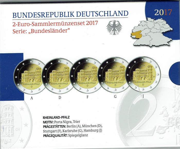 (afbeelding voor) 2 Euromunt Duitsland 5x 2017 Rheinland Pfalz Proof A-D-F-G-J